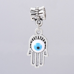 White Antique Silver Plated Alloy European Dangle Charms, Large Hole Pendants, with Enamel, Hamsa Hand/Hand of Fatima/Hand of Miriam with Evil Eye, White, 31mm, Hole: 5mm, Hamsa Hand: 21x11x3mm