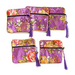 Old Rose Chinese Style Floral Cloth Jewelry Storage Zipper Pouches, Square Jewelry Gift Case with Tassel, for Bracelets, Earrings, Rings, Random Pattern, Old Rose, 115x115x7mm