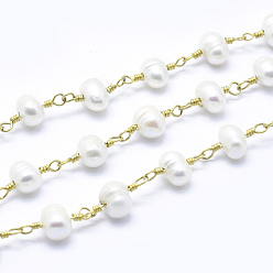 Raw(Unplated) Natural Freshwater Pearl Handmade Beaded Chains, Unwelded, with Spool, with Brass Eye Pin, Long-Lasting Plated, Potato, Cadmium Free & Nickel Free & Lead Free, Raw(Unplated), 15x5~7mm, about 32.8 Feet(10m)/roll