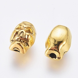 Antique Golden Metal Tibetan Style Alloy Beads, Cadmium Free & Lead Free, Skull Beads for Halloween, Antique Golden, about 6mm wide, 8mm long, 7.5mm thick, hole: 2.5mm