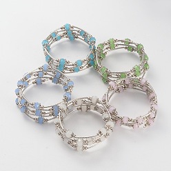 Couleur Mélangete Cinq boucles de bracelets wrap imitation jade de perles de verre, avec des conclusions en alliage de style tibétain et un fil de mémoire de bracelet en acier, couleur inox, couleur mixte, 56mm