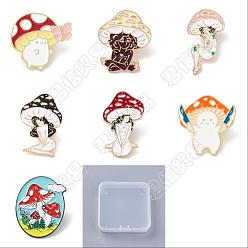 Light Gold 7Pcs 7 Style Mushroom Enamel Pin, Cartoon Alloy Brooch for Backpack Clothes, Light Gold, Mixed Color, 27~43x23~30x1.5~2mm, 1pc/style