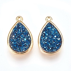 Prussian Blue Resin Imitation Druzy Crystal Pendants, with Brass Findings, teardrop, Golden, Prussian Blue, 16.5x10.5x4~5mm, Hole: 1mm