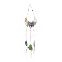 Mixed Stone Gemstone Chips Beaded Moon Hanging Sun Catchers, with Glass Teardrop & Star and Natural Agate, with Iron Findings, 430mm