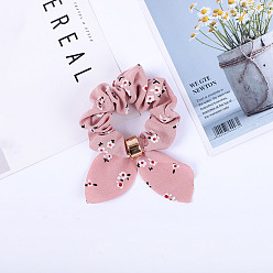 Pink Flower Pattern Rabbit Ear Polyester Elastic Hair Accessories, for Girls or Women, with Iron Findings, Scrunchie/Scrunchy Hair Ties, Pink, 140x90mm