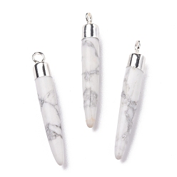 Howlite Natural Howlite Brass Pendants, Cadmium Free & Lead Free, Bullet Shaped, Silver Color Plated, 33~37x4~5mm, Hole: 2mm