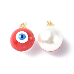 Red Shell Enamel Pendants, with Real 18K Gold Plated Brass Findings, Long-Lasting Plated, Round with Evil Eye Charm, Red, 20x16x17mm, Hole: 3.5x4.5mm