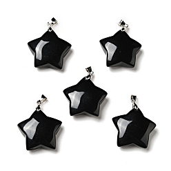 Obsidienne Pendentifs en obsidienne naturelles, avec les accessoires en laiton de tonalité de platine, charme étoiles, 29x30x8mm, Trou: 6x4mm