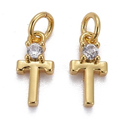 Letter T Brass Micro Pave Clear Cubic Zirconia Pendants, with Jump Rings, Real 18K Gold Plated, Long-Lasting Plated, Letter, Letter.T, 10x5x2.5mm