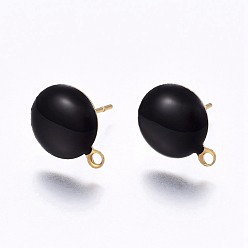 Black Ion Plating(IP) 304 Stainless Steel Stud Earring Findings, with Loop, Enamel, Flat Round, Golden, Black, 12.5x10x2mm, Hole: 1.2mm, Pin: 0.8mm, 100pc/bag