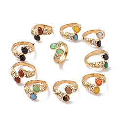Mixed Stone Gemstone Oval Open Cuff Ring with Crystal Rhinestone, Ion Plating(IP) 304 Stainless Steel Jewelry for Women, Golden, US Size 6(16.5mm)