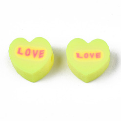 Green Yellow Handmade Polymer Clay Beads, Heart with Word Love, Green Yellow, 8~8.5x9~9.5x4.5mm, Hole: 1.8mm