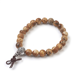 Jaspe Image Bracelets extensibles en jaspe avec image ronde naturelle, avec des ensembles de perles d'alliage gourou, Emballage en toile de jute, argent antique, 2-1/8 pouce (5.5 cm), sac: 12x8.5x3cm
