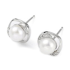 Platinum Cubic Zirconia Sauqre with Natural Pearl Stud Earrings, Rhodium Plated 925 Sterling Silver Earrings for Women, Platinum, 9x9mm