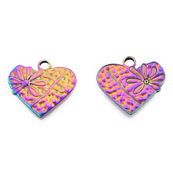 Rainbow Color Ion Plating(IP) 201 Stainless Steel Pendants, Heart with Flower, Rainbow Color, 18.5x20x2mm, Hole: 2.5mm