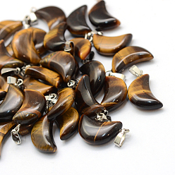 Tiger Eye Moon Natural Tiger Eye Pendants, with Platinum Tone Brass Findings, 21~24x12~14x5~6mm, Hole: 2x7mm