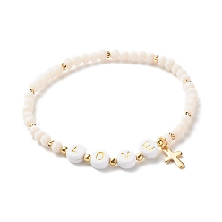Creamy White Glass Beads Stretch Bracelets, with Acrylic & Brass Beads, 304 Stainless Steel Cross Charms, Word Love, Creamy White, Inner Diameter: 2-1/4 inch(5.7cm)