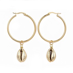 Golden 304 Stainless Steel Hoop Earrings, with Cowrie Shell Beads, Golden, 58~60mm, Pin: 1mm