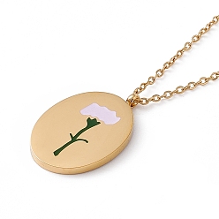 January Carnation Collar con colgante de flor de nacimiento ovalada de esmalte, oro 304 joyas de acero inoxidable para mujer., clavel de enero, 15.67~16.26 pulgada (39.8~41.3 cm)