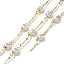 Golden Rack Plating Brass Bar Link Chains, with Plastic Pearl Flower Beaded, Unwelded, with Card Paper, Golden, 13~14x6mm