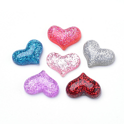 Mixed Color Resin Cabochons, with Glitter Powder, Heart, Mixed Color, 16.5x21.5x6~7mm