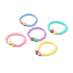 Mixed Color Handmade Polymer Clay Fruit Stretch Bracelet with Round Beads for Kids, Mixed Color, Inner Diameter: 1-7/8 inch(4.8cm)