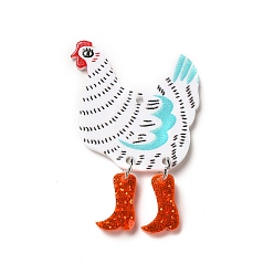 White Printed Acrylic Pendants, with Glitter Powder, Rooster Charm, White, 44x30x2.3mm, Hole: 1.8mm