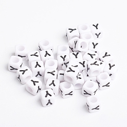 Letter Y Acrylic Horizontal Hole Letter Beads, Cube, White, Letter Y, Size: about 6mm wide, 6mm long, 6mm high, hole: about 3.2mm, about 2600pcs/500g