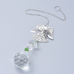 Vert Boule de cristal lustre prisme ornements suspendus suncatcher, avec des chaînes de câble de fer, Des billes de verre, pendentifs en verre strass et laiton, ange, verte, 335mm