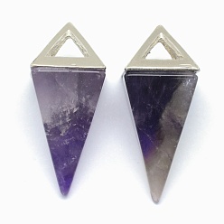 Améthyste Pendentifs en pierre améthyste naturel, avec les accessoires en alliage, triangle, platine, 34x14x14.5mm, Trou: 4x6mm
