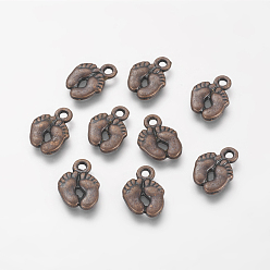Red Copper Tibetan Style Alloy Charms, Foot Print, Cadmium Free & Lead Free, Red Copper, 14x10x2mm, Hole: 2mm