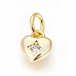 Golden Brass Micro Pave Cubic Zirconia Charms, Heart, Golden, 7.5x6.5x2mm, Hole: 3~3.5mm