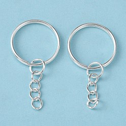 Silver Iron Split Key Rings, with Curb Chains, Keychain Clasp Findings, Silver Color Plated, 25x2mm