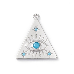 Platinum Rack Plating Brass Pendants, with Synthetic Turquoise, Triangle with Eye Charms, Long-Lasting Plated, Cadmium Free & Lead Free, Platinum, 21.5x18.5x2mm, Hole: 1.2mm