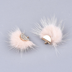 LightSalmon Faux Mink Fur Tassel Pendant Decorations, with Rhinestone and Alloy Findings, Fan, Golden, Pink, 24~28x29~34x8mm, Hole: 1.5mm