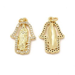 Golden Brass Micro Pave Cubic Zirconia Pendants, with Jump Ring, Hamsa Hand/Hand of Miriam with Saint Charm, Golden, 22.5x15x2.1mm, Hole: 3.3mm
