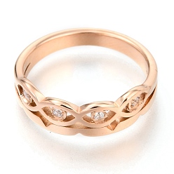Розовое Золото 304 палец кольца из нержавеющей стали, с кристально горный хрусталь, глаз, розовое золото , размер США 7, внутренний диаметр: 17 мм