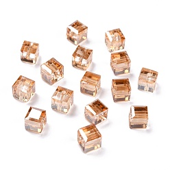 Sandy Brown Electroplate Transparent Glass Beads, Faceted Cube, Rainbow Plated, Sandy Brown, 6x6x6mm, Hole: 1.8mm