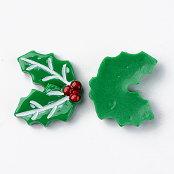 Green Resin Cabochons, Opaque, Christmas Theme, Christmas Holly, Red, Green, 23x26x6mm