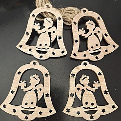 Christmas Bell Unfinished Wood Pendant Decorations, with Hemp Rope, for Christmas Ornaments, Christmas Bell, 7.3x6.7x0.25cm, 10pcs/bag