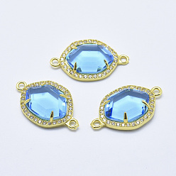 Cornflower Blue Brass Micro Pave Cubic Zirconia Links, with Glass, Faceted, Oval, Golden, Cornflower Blue, 26x16x5mm, Hole: 1.6mm
