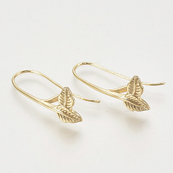 Real 18K Gold Plated Brass Earring Hooks, Leaf, Nickel Free, Real 18K Gold Plated, 30x12mm, Pin: 1mm