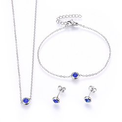 Stainless Steel Color 304 Stainless Steel Jewelry Sets, Pendant Necklaces & Stud Earrings & Bracelets, with Rhinestones, Flat Round, Blue, Stainless Steel Color, 16.54 inch(42cm), 6-3/4 inch(17cm), 6.5x3.5mm, Pin: 0.8mm