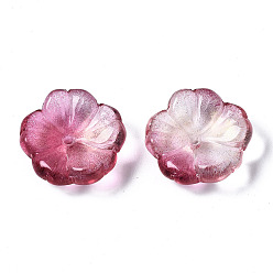 Medium Violet Red Transparent Spray Painted Glass Beads, with Glitter Powder, Two Tone, Flower, Medium Violet Red, 15x15x6mm, Hole: 1.2mm