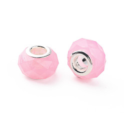 Pink Resin European Beads, Large Hole Beads, with Silver Tone Brass Double Cores, Faceted, Rondelle, Pink, 14x9mm, Hole: 5mm
