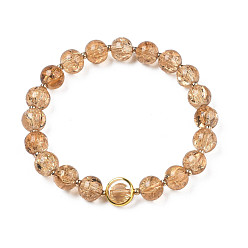 Bronze Bracelet extensible en perles de verre rondes avec anneau en laiton plaqué or pour femme, tan, diamètre intérieur: 2 pouce (5 cm)