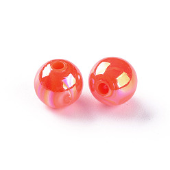 Rouge Orange Perles acryliques opaques, de couleur plaquée ab , ronde, rouge-orange, 10x9mm, Trou: 2mm, environ940 pcs / 500 g