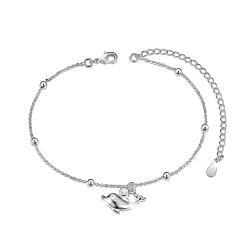 Platinum SHEGRACE Brass Charm Anklets, with Grade AAA Cubic Zirconia, Cable Chains and Round Beads, Dolphin, Platinum, 8-1/4 inch(21cm)