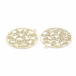 Real 18K Gold Plated Rack Plating 201 Stainless Steel Filigree Pendants, Etched Metal Embellishments, Nickel Free, Flat Round with Butterfly, Real 18K Gold Plated, 22.5x20.5x0.4mm, Hole: 1.5mm
