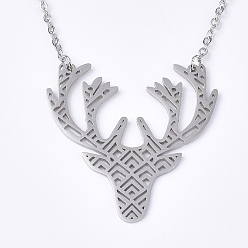 Stainless Steel Color 201 Stainless Steel Pendant Necklaces, with Cable Chains, Christmas Reindeer/Stag, Stainless Steel Color, 17.7 inch(45cm), 2mm, Reindeer: 39x38x1mm